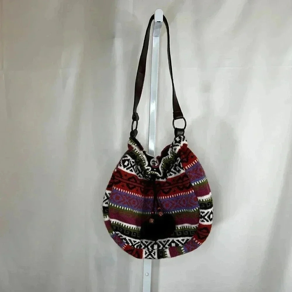 Boho Shoulder Bag Handbag Purse Poms Knit Multicolor
